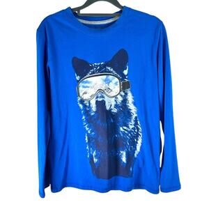 Eddie Bauer Youth XL Size 16 Blue Long Sleeve Wolf  Husky Graphic Shirt Ski